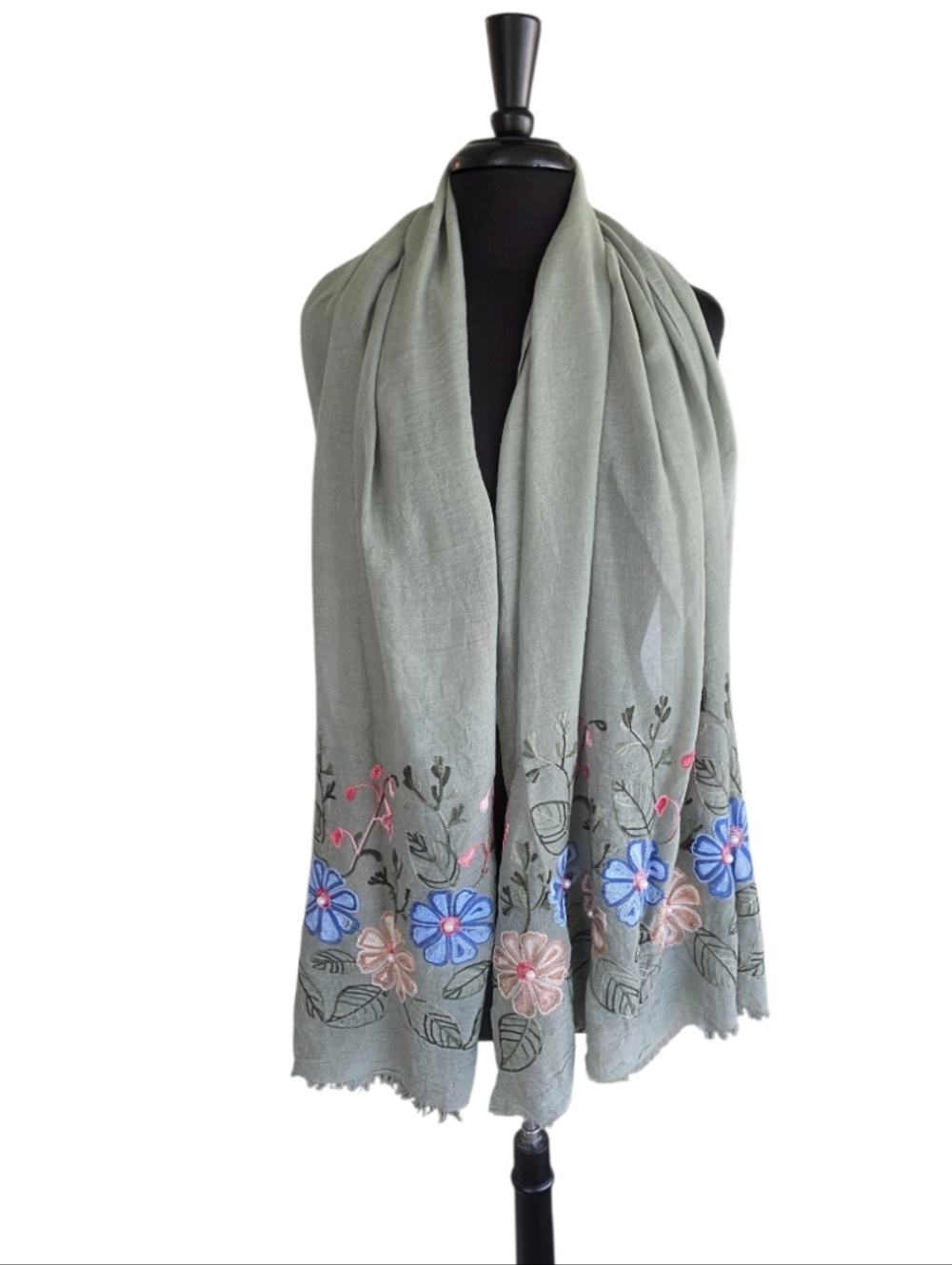 Vintage Sage Green Embroidered Floral Wrap Scarf Cottagecore Summer Girlie